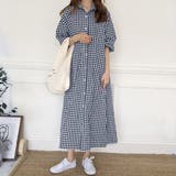 ネイビー | ギンガムチェックコットンロングシャツワンピース 韓国ファッション | JUNOAH