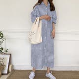 シャツワンピース ギンガムチェック柄 ロング丈 韓国