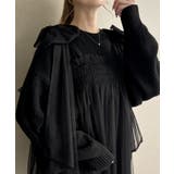 ブラック | 肩リボンチュールドッキングニットプルオーバー | JUNOAH