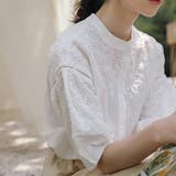 ホワイト | 刺繍ノーカラーレースブラウス 韓国ファッション | JUNOAH