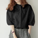 ブラック | 刺繍ノーカラーレースブラウス 韓国ファッション | JUNOAH