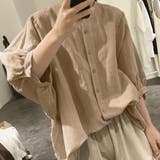 グレージュ | ノーカラーボリュームスリーブコットンシャツ 韓国ファッション | JUNOAH