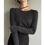 チャコール | 襟クロスリボンデザインリブトップス | JUNOAH