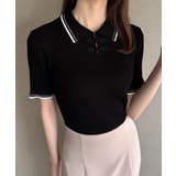 ブラック | 配色ラインチャイナ半袖ポロニット | JUNOAH