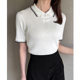 アイボリー | 配色ラインチャイナ半袖ポロニット | JUNOAH