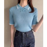 ライトブルー | 配色ラインチャイナ半袖ポロニット | JUNOAH