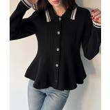 ブラック | ポロ襟ライン入りペプラムデザインニット | JUNOAH