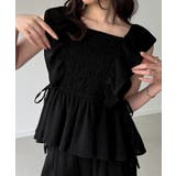 ブラック | 楊柳フリルシャーリングトップス+パンツSET | junoah