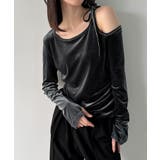 チャコール | アシメ肩リボンベロアトップス | JUNOAH