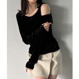 ブラック | アシメ肩リボンベロアトップス | JUNOAH