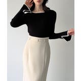 ブラック | ボートネックフレアスリーブバイカラーニット | JUNOAH