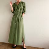 グリーン | スタンドカラーマキシ丈シャツワンピース ふんわり ゆったり | JUNOAH