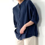 ネイビー | ノーカラーボリュームスリーブコットンシャツ | JUNOAH