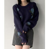 ネイビー | 花柄ジャガードショートニット | JUNOAH