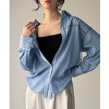 ブルー | チュールレイヤードストライプシャツ | JUNOAH