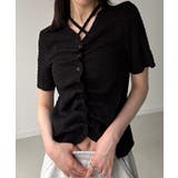 ブラック | フロントシャーリング首元クロスリボン半袖カーディガン | JUNOAH