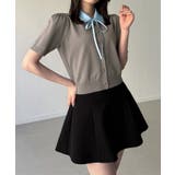 リボン取り外し可能ショート丈ドッキング半袖ポロニット | JUNOAH | 詳細画像4 