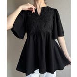ブラック | リネン刺繍レースギャザーブラウス | JUNOAH