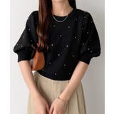 ブラック | callautia パフスリーブラインストーンニット | JUNOAH