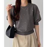 チャコール | callautia パフスリーブラインストーンニット | JUNOAH