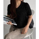 Aブラック | callautia スパンコールVネックショート丈半袖ニット | JUNOAH