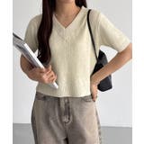 アイボリー | callautia スパンコールVネックショート丈半袖ニット | JUNOAH