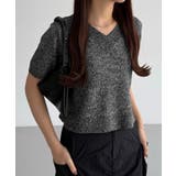 Bブラック | callautia スパンコールVネックショート丈半袖ニット | JUNOAH
