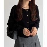 ブラック | callautia 金ボタンパフスリーブショートニットカーディガン | JUNOAH