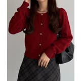 レッド | callautia 金ボタンパフスリーブショートニットカーディガン | JUNOAH