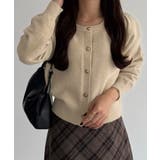 ライトベージュ | callautia 金ボタンパフスリーブショートニットカーディガン | JUNOAH