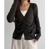 チャコール | callautia レイヤード風ギャザーニットトップス | JUNOAH