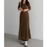 ブラウン | callautia カットレース長袖ポロワンピース（ペチワンピースセット） | JUNOAH