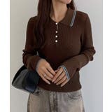 ブラウン | callautia 配色ポロ衿シアーニット | JUNOAH