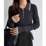 チャコール | callautia 配色ポロ衿シアーニット | JUNOAH