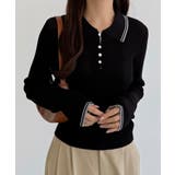 ブラック | callautia 配色ポロ衿シアーニット | JUNOAH