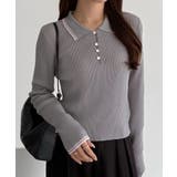 ライトグレー | callautia 配色ポロ衿シアーニット | JUNOAH