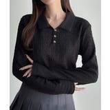 ブラック | Meiru 薄手ストレッチジャガード長袖ポロカットソー | JUNOAH