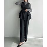 チャコール | Meiru ゴールドボタンペプラムベスト+スラックスset(薄手、裏地なし) | JUNOAH