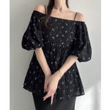 ブラック | Meiru 2wayオフショル花柄ペプラムトップス | JUNOAH