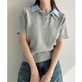 グレー | Meiru 襟付き半袖ミックスニットトップス | JUNOAH