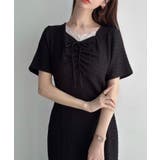 ブラック | Meiru ストレッチジャガードフロントレースギャザーワンピース | JUNOAH