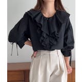 ブラック | 綿混フリルブラウス | JUNOAH