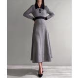 ブラック | 千鳥チェックビジュー釦ニットワンピース | JUNOAH