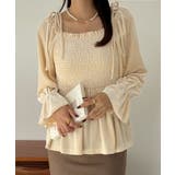 ライトベージュ | シャーリングベロア肩リボンブラウス | JUNOAH