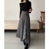 ブラック | ハイウエストツイードフリンジフレアスカート | JUNOAH