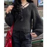 チャコール | クロスデザインショート丈シャギーニット | JUNOAH