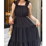 ブラック | ギャザーショルダーサイドカットティアードワンピース | JUNOAH