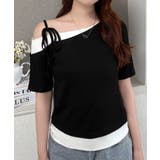 ブラック | リボンワンショルレイヤードTシャツ | JUNOAH
