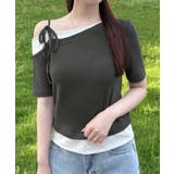 チャコール | リボンワンショルレイヤードTシャツ | JUNOAH