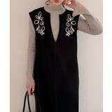 ブラック | コード刺繍キーネックワンピース | JUNOAH